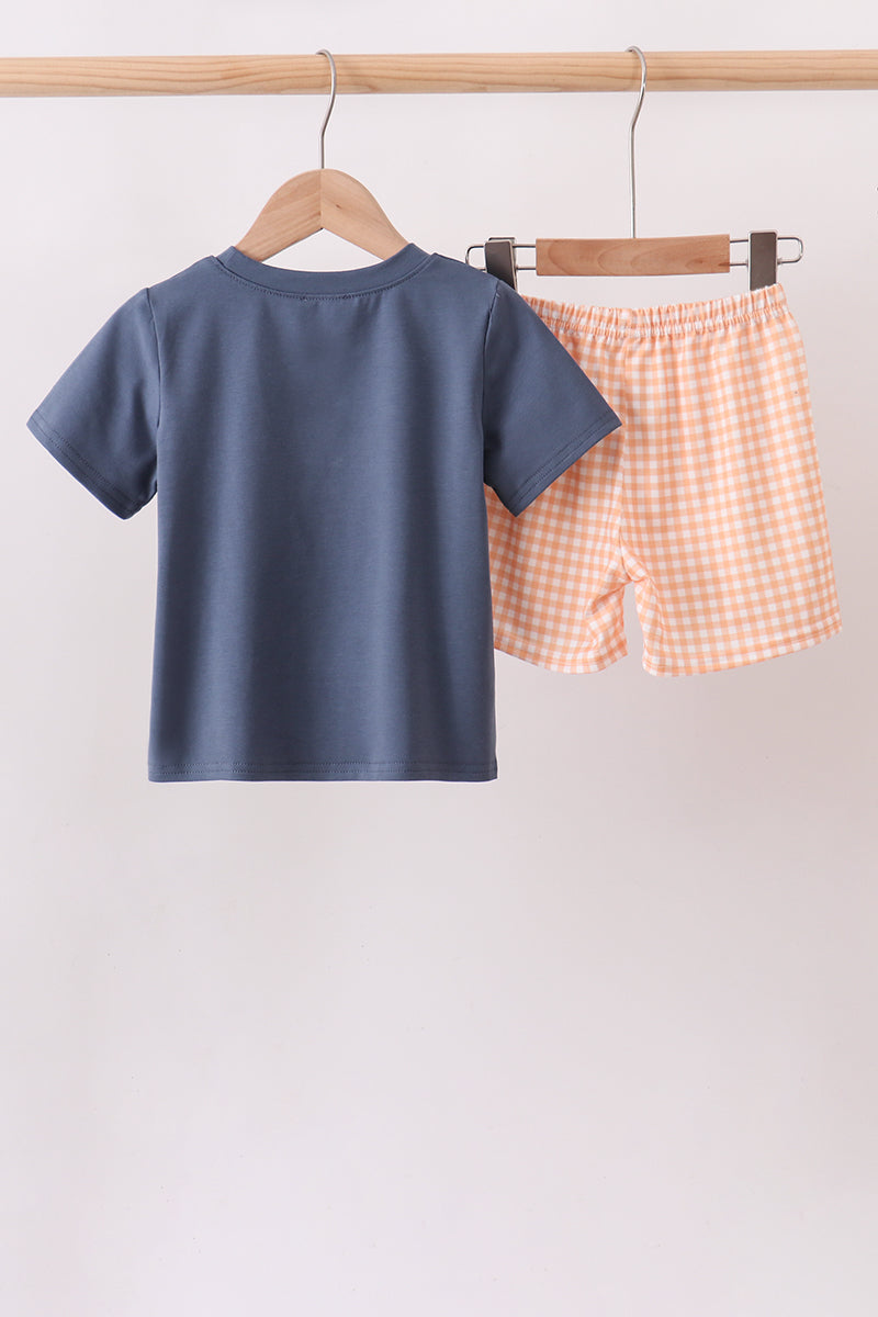 Orange Pumpkin Embroidery Gingham Shorts Set