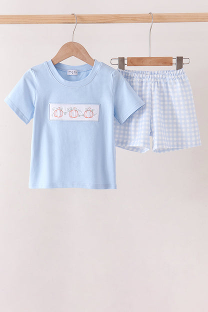 Blue Pumpkin Embroidery Gingham Shorts Set