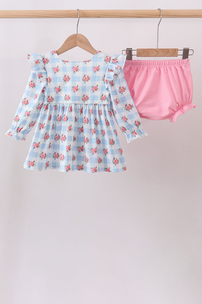 Blue Bow Smocked Floral Gingham Bloomer Set