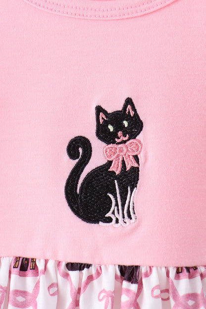 Pink Cat Embroidery Ruffle Pants Set
