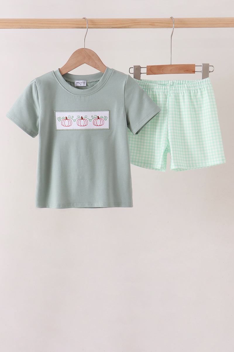 Green Pumpkin Embroidery Gingham Shorts Set