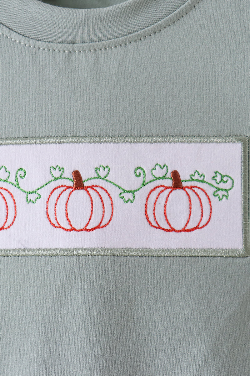 Green Pumpkin Embroidery Gingham Shorts Set