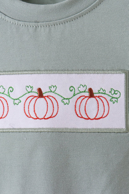 Green Pumpkin Embroidery Gingham Shorts Set