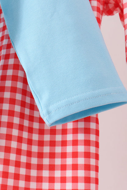Blue Football Embroidery Gingham Pants Set
