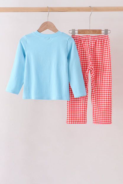 Blue Football Embroidery Gingham Pants Set