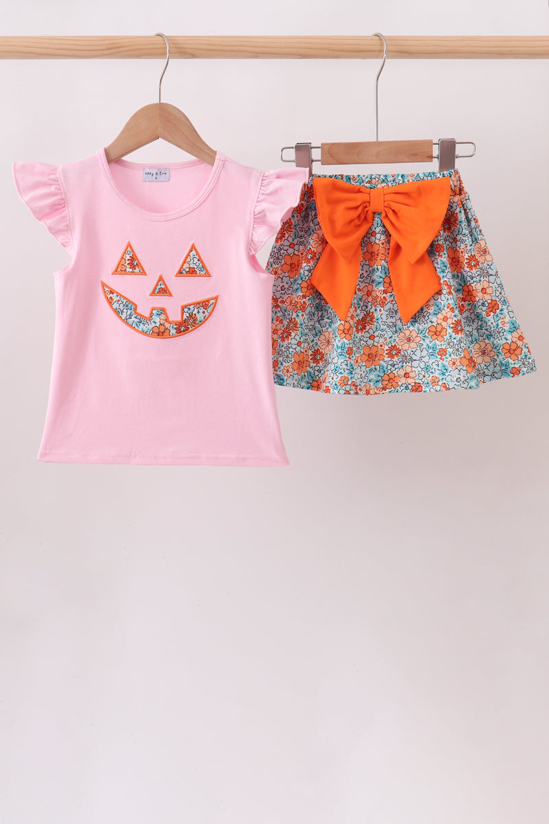 Pink Jack-O-Lantern Applique Bow Skorts Set