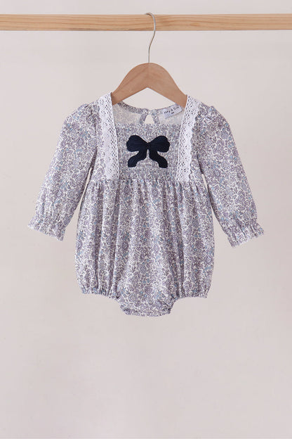 Navy Floral Bow Smocked Bubble