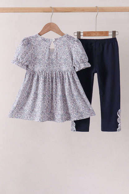 Navy Floral Bow Smocked Pants Set