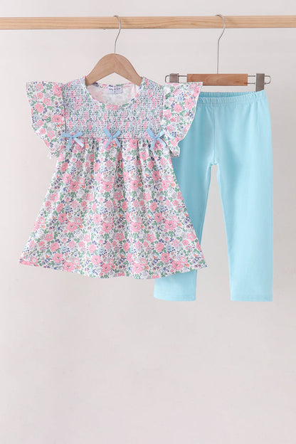 Blue Floral Smocked Ruffle Pants Set