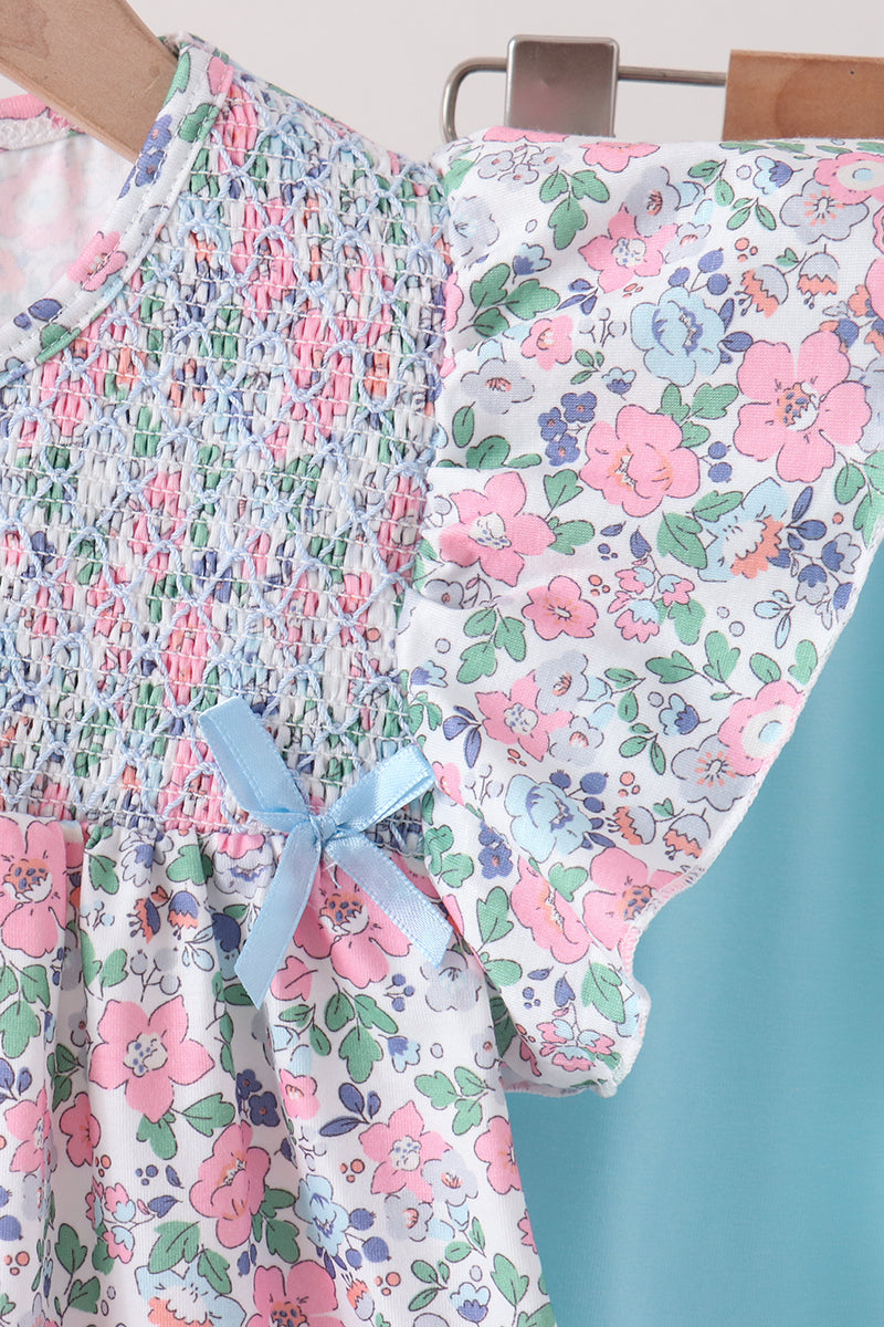 Blue Floral Smocked Ruffle Pants Set