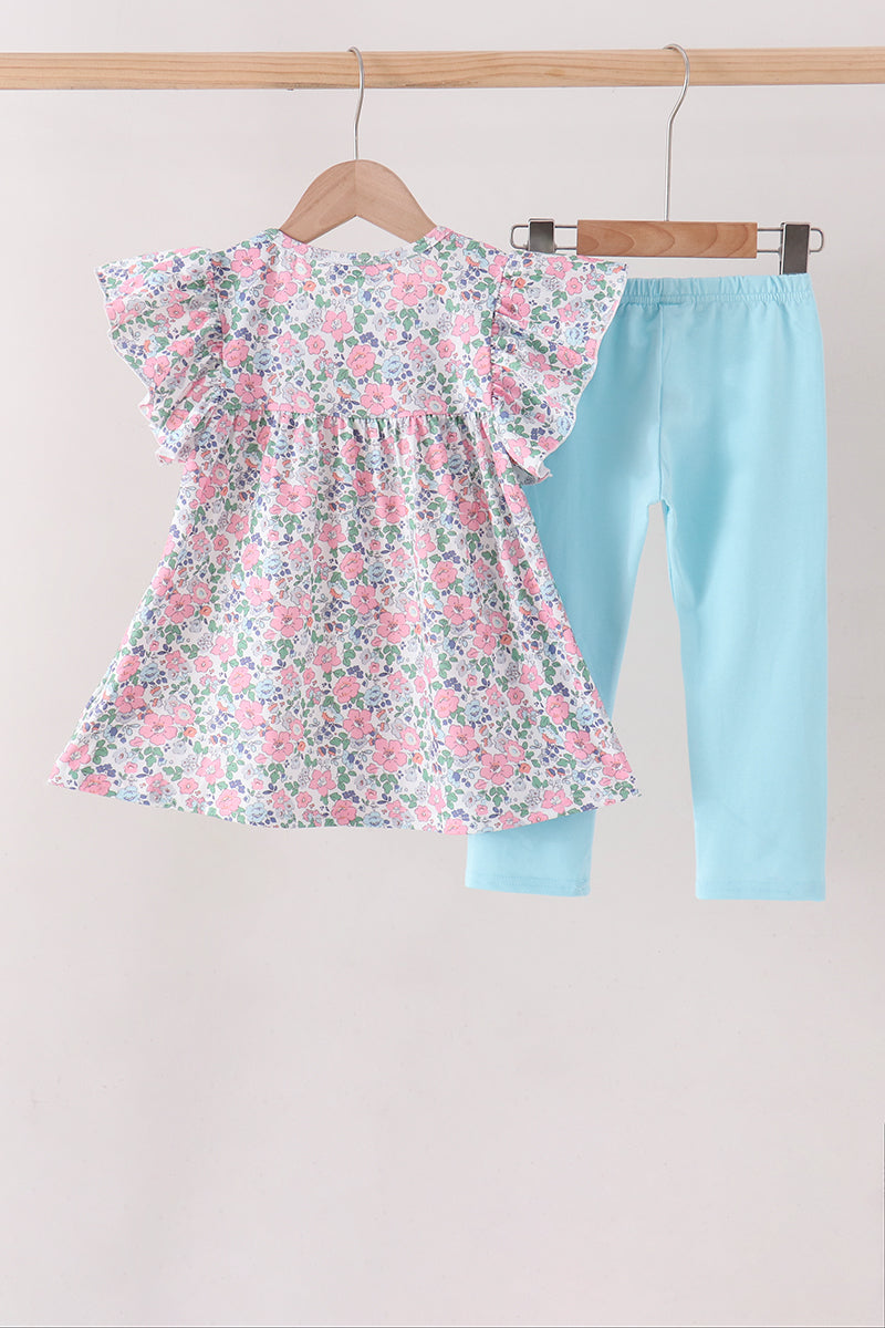 Blue Floral Smocked Ruffle Pants Set