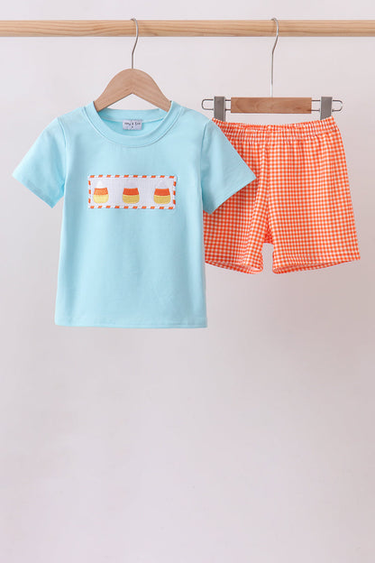 Blue Candy Smocked Gingham Shorts Set