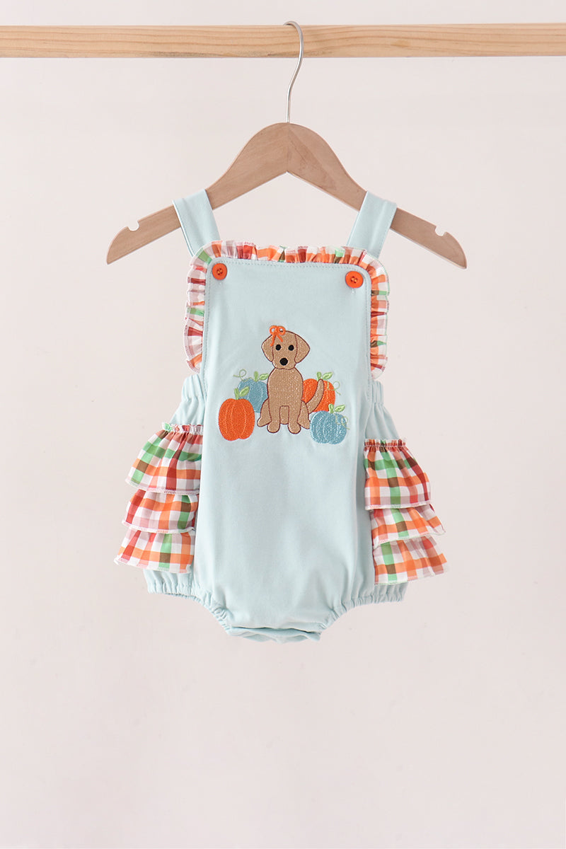 Blue Puppy Pumpkin Embroidery Ruffle Bubble