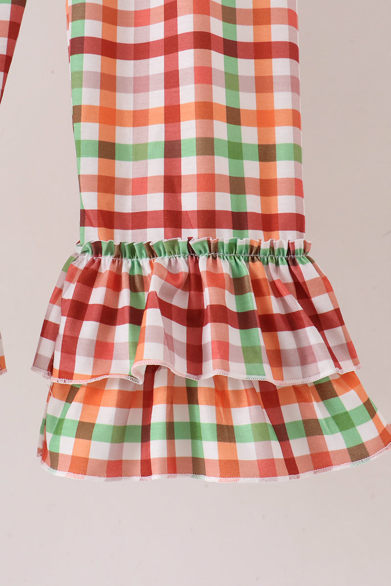 Blue Puppy Pumpkin Embroidery Gingham Ruffle Pants Set