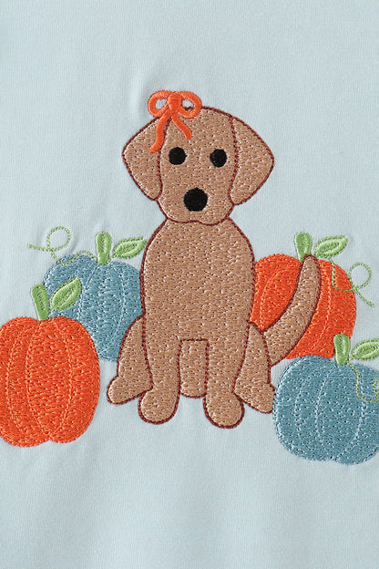 Blue Puppy Pumpkin Embroidery Gingham Ruffle Dress