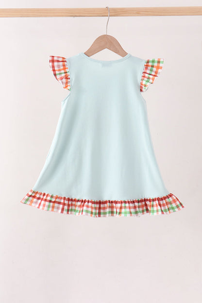 Blue Puppy Pumpkin Embroidery Gingham Ruffle Dress