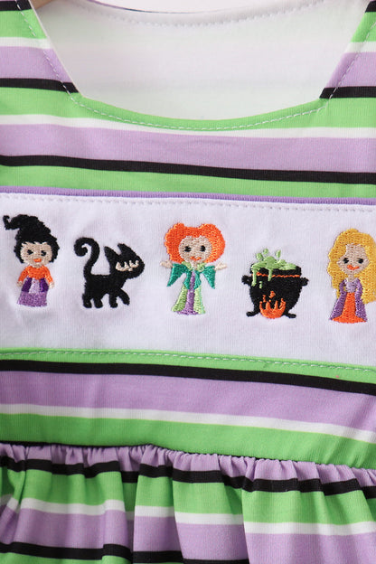 Purple witch embroidery stripe ruffle bloomer set