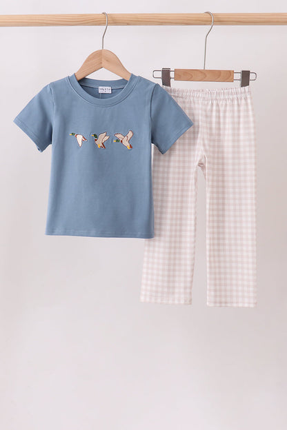 Teal Duck Embroidery Gingham Pants Set