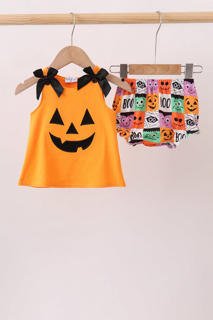 Orange Jack-O-Lantern  Applique Bow Bloomer Set