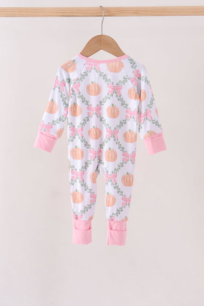 Pink Pumpkin Bow Bmaboo Zipper Romper