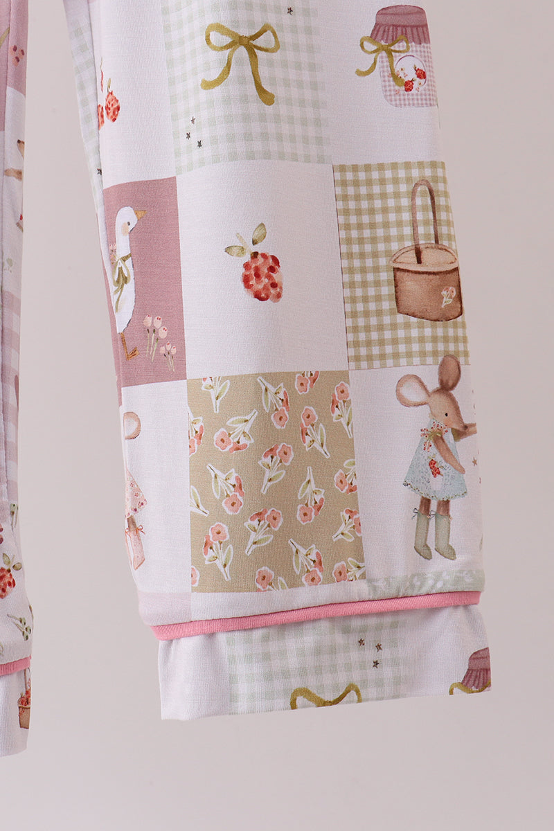Pink Goose Bow Checkered Bamboo Pajama Set