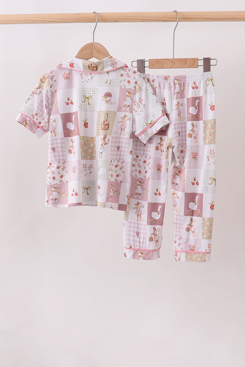 Pink Goose Bow Checkered Bamboo Pajama Set