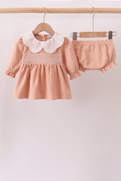 Coral Corduroy Smocked Bloomer Set
