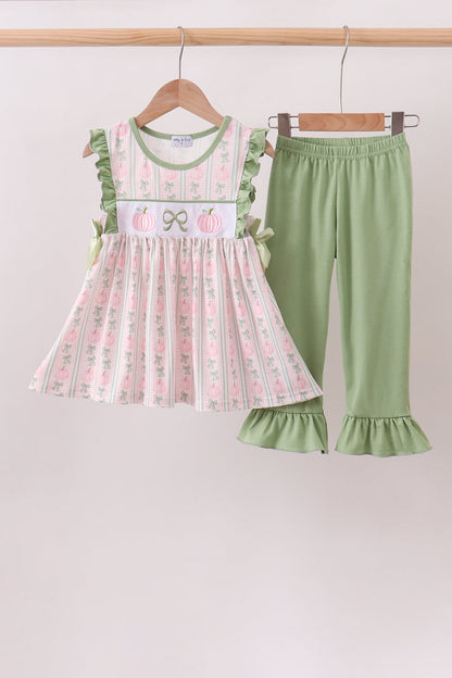 Sage Pumpkin Bow Embroidery Ruffle Pants Set