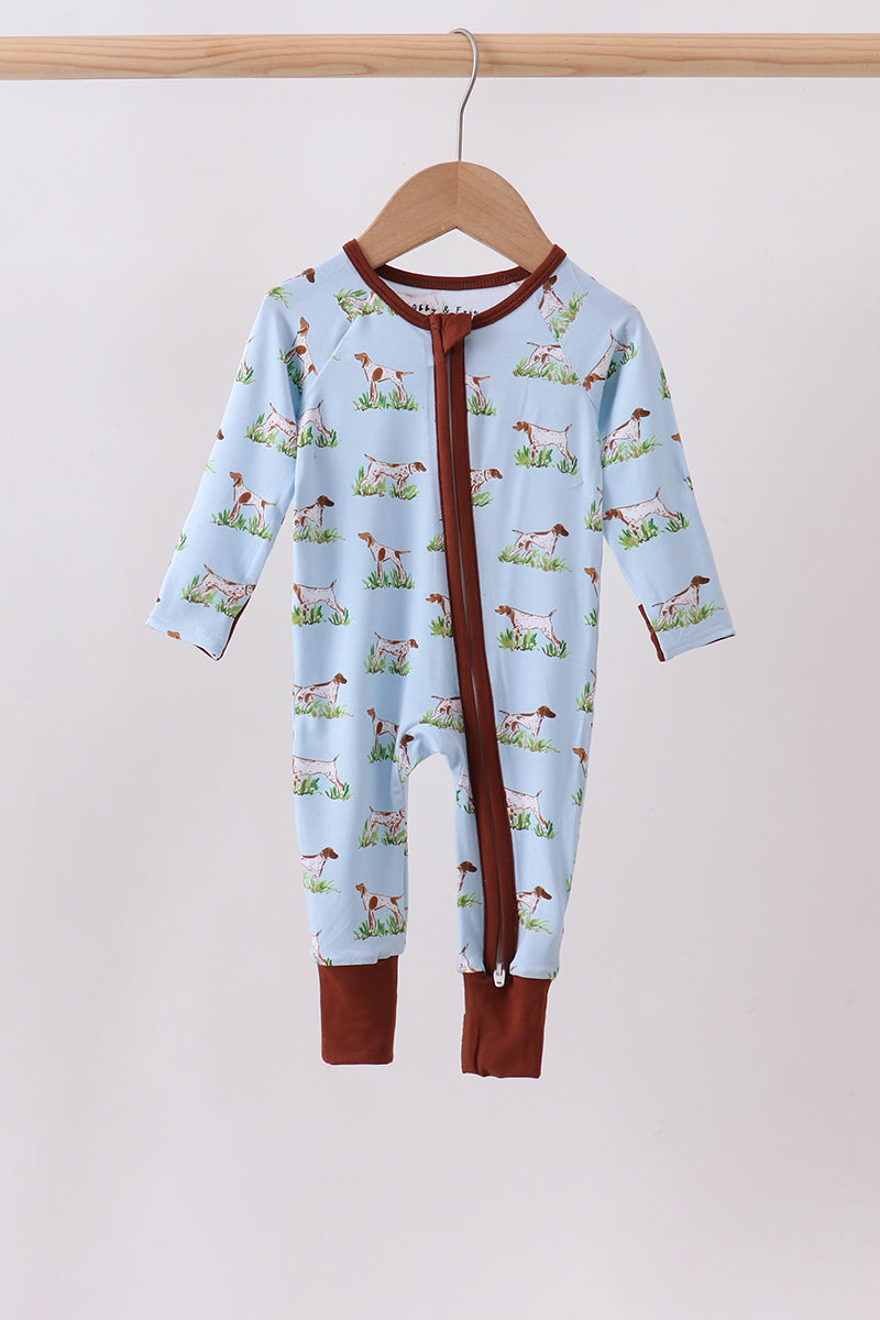 Blue puppy hunting bamboo zipper romper