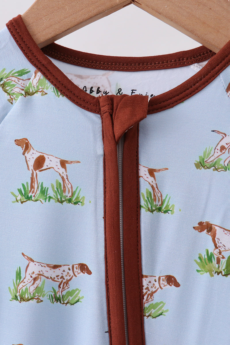 Blue puppy hunting bamboo zipper romper