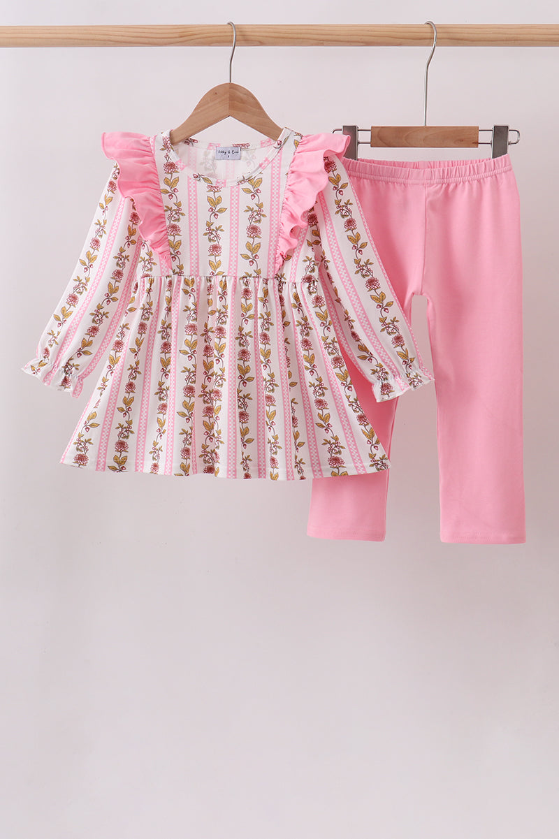 Pink Rose Stripe Ruffle Pants Set