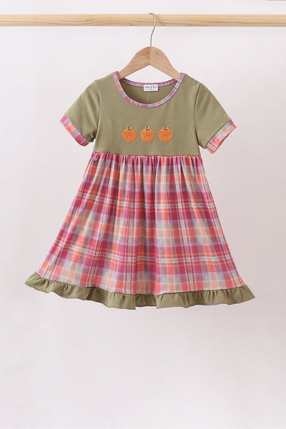 Camel Pumpkin Embroidery Plaid Dress