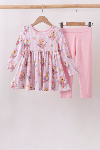 Pink princess floral stripe bamboo pants set