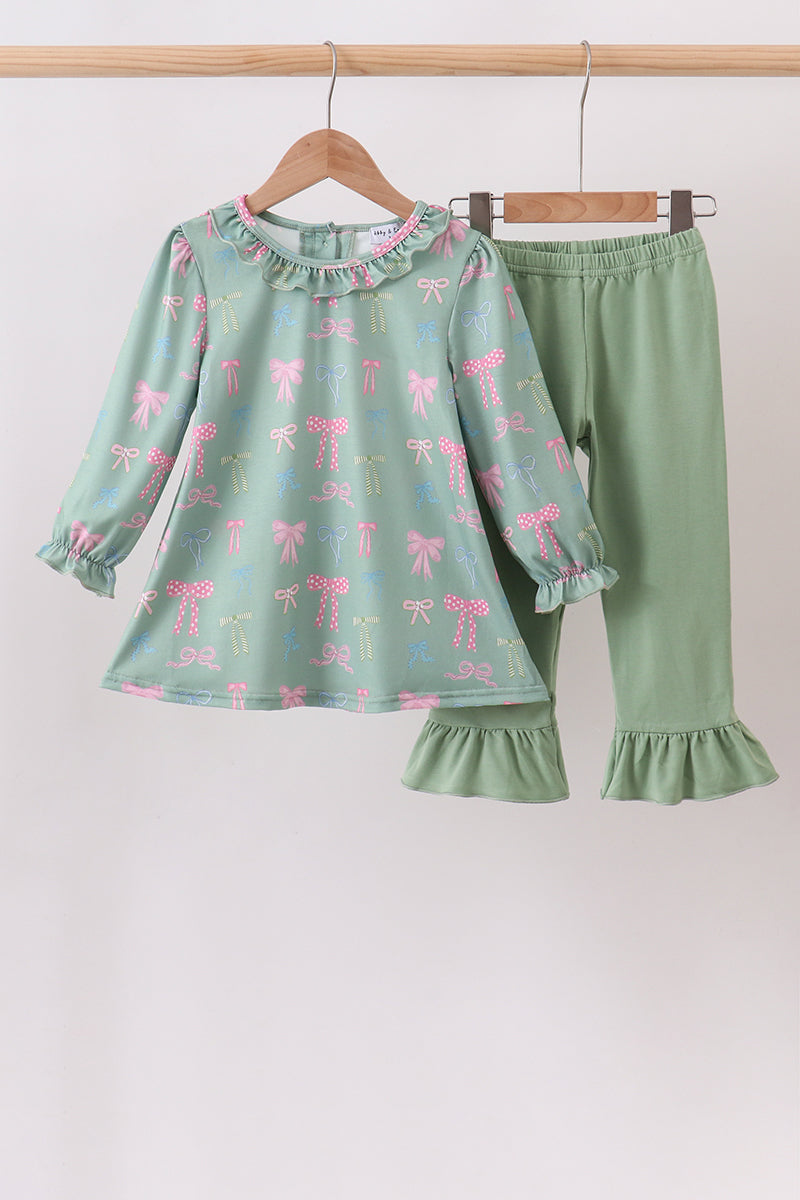 Sage Bow Ruffle Pants Set