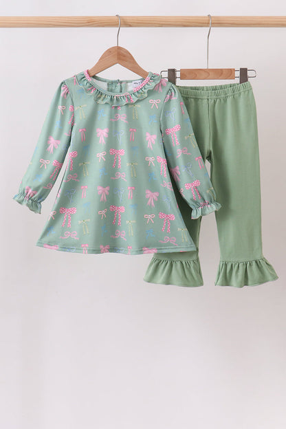 Sage Bow Ruffle Pants Set