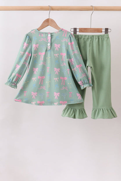 Sage Bow Ruffle Pants Set