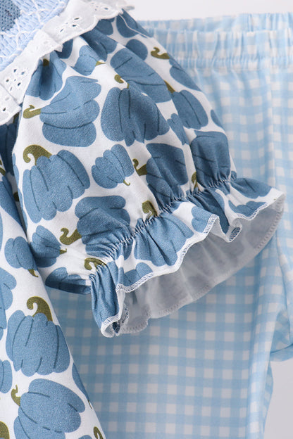 Blue pumpkin bow smocked lace ruffle pants set