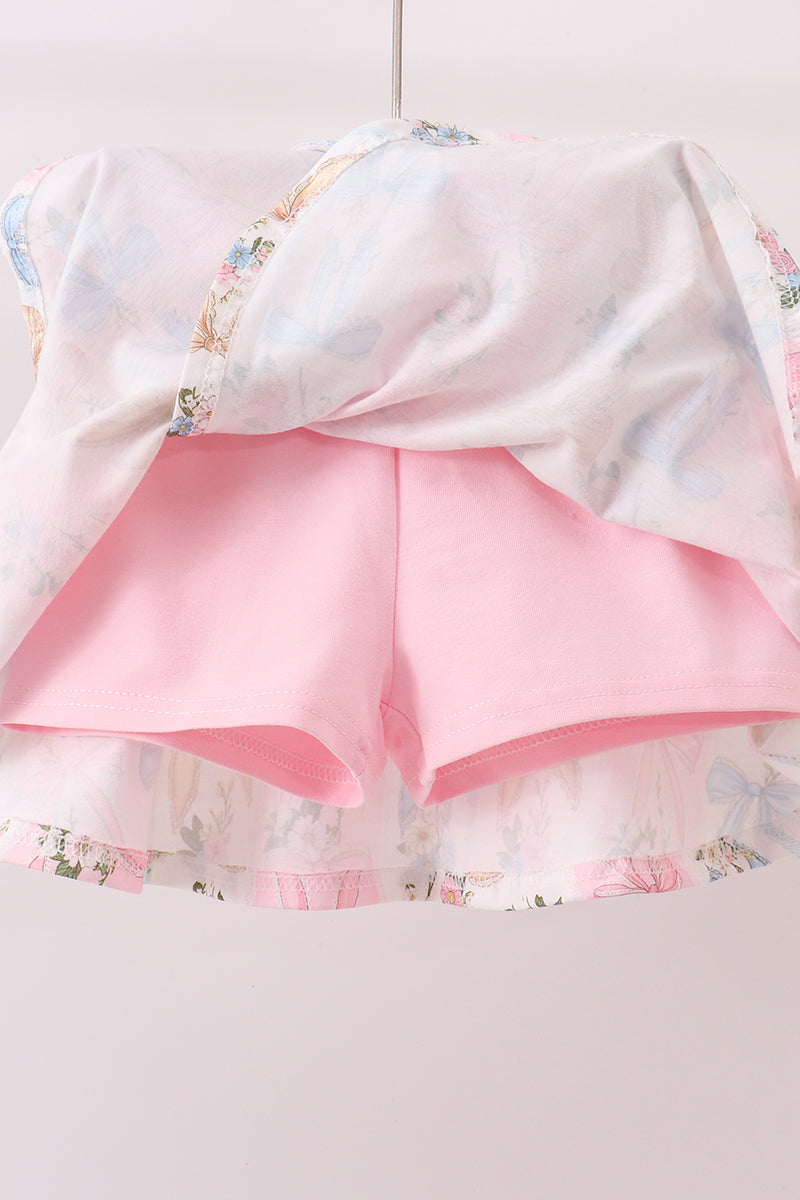 Pink Bow Floral Lace Skorts Set