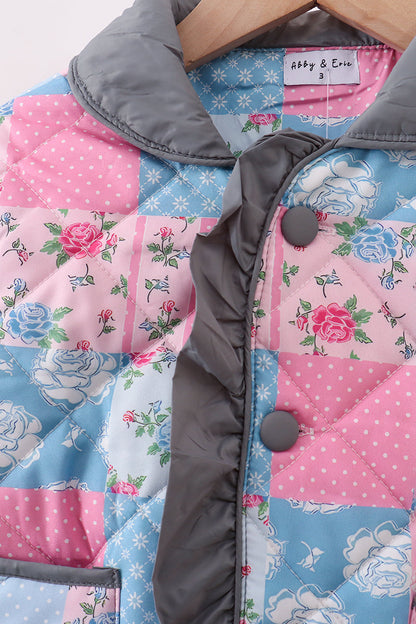 Teal Patchwork Floral Ruffle Jacket