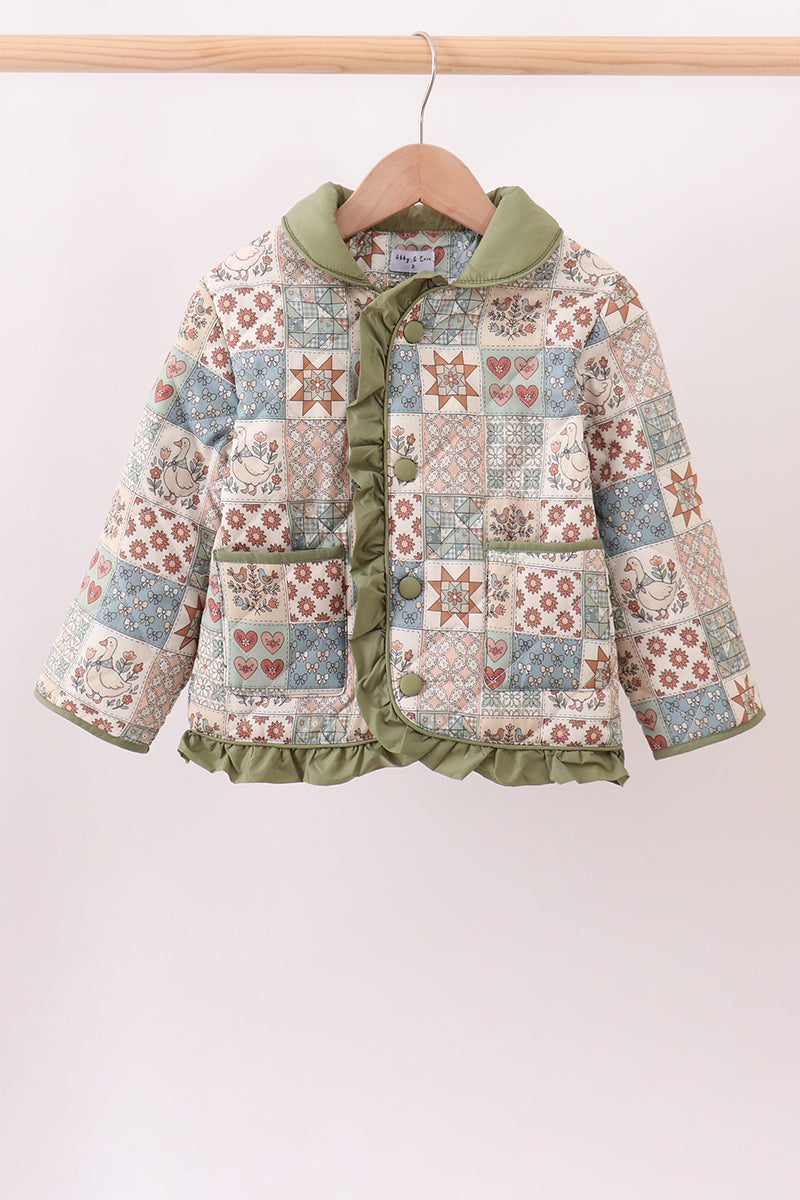 Green Patchwork Floral Ruffle Jacket