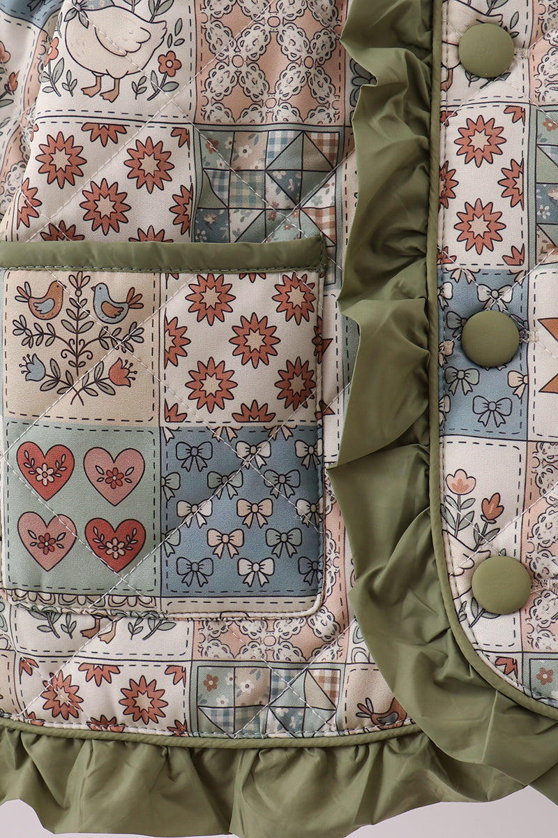 Green Patchwork Floral Ruffle Jacket