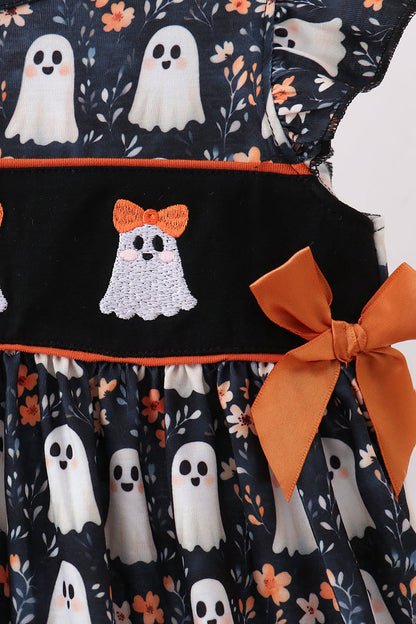 Orange Ghost Embroidery Ruffle Dress