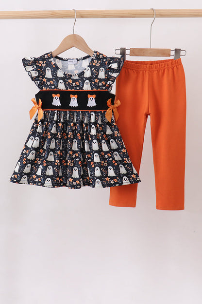 Orange Ghost Embroidery Ruffle Pants Set