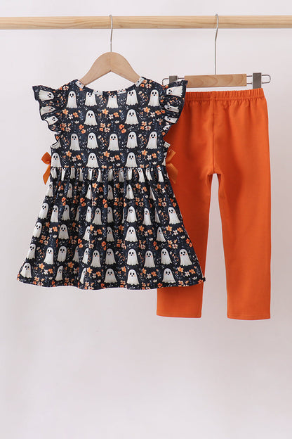 Orange Ghost Embroidery Ruffle Pants Set
