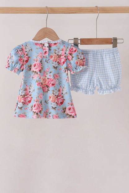 Blue rose floral ruffle bloomer set