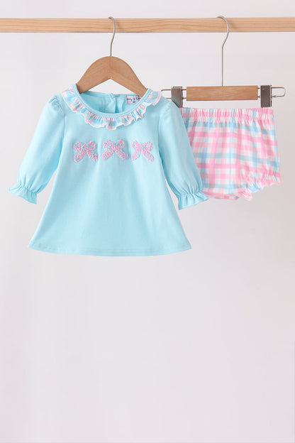Blue bow french knot ruffle plaid bloomer set