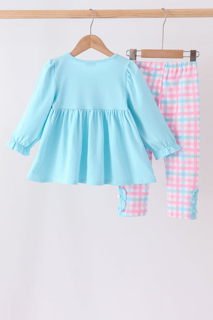 Blue bow french knot plaid pants set