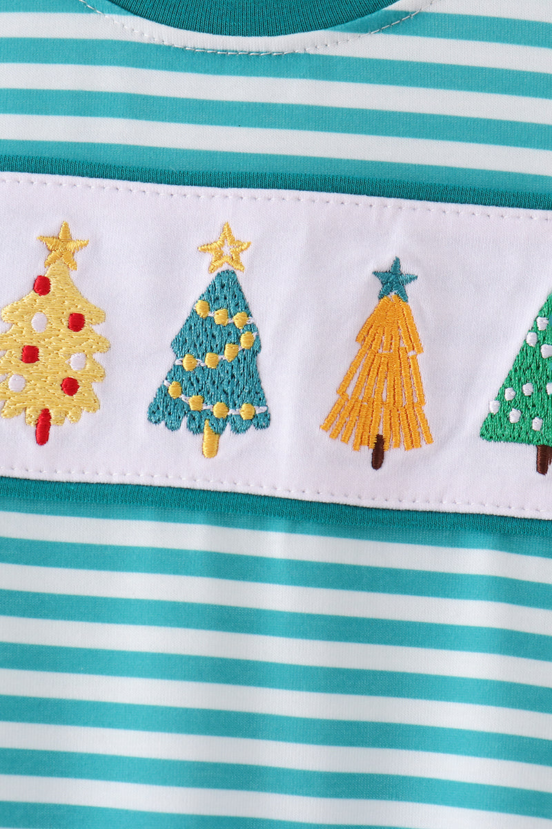 Green Christmas Tree Embroidery Stripe Romper