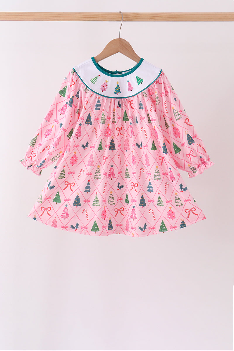 Pink Christmas Tree Embroidery Dress