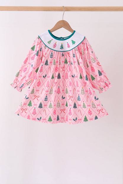 Pink Christmas Tree Embroidery Dress
